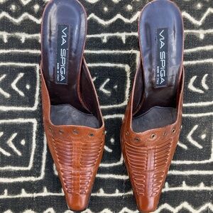 VIA SPIGA Slip-On Heel in Cognac Brown Leather Woven Clogs Women's Size 7 1/2 M